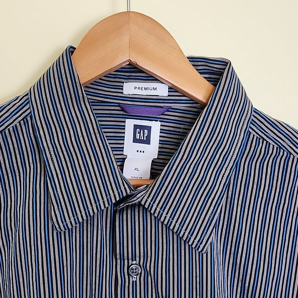 Gap Premium Blue and Gray Stripe Long Sleeve Button-Down Men's Shirt, Size XL